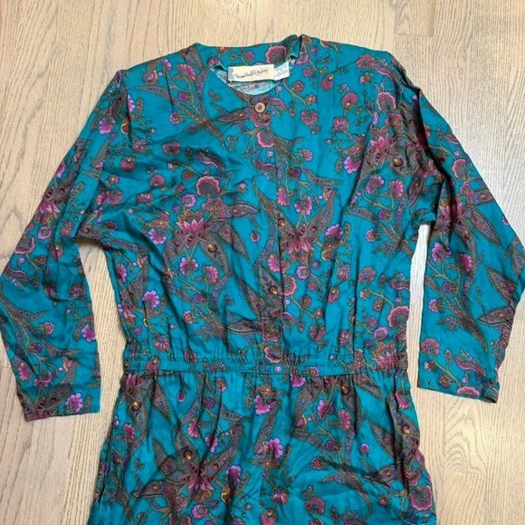 Diane Von Furstenberg Teal Paisley Floral Rayon Jumpsuit Playsuit 80s Size S - Picture 2 of 11